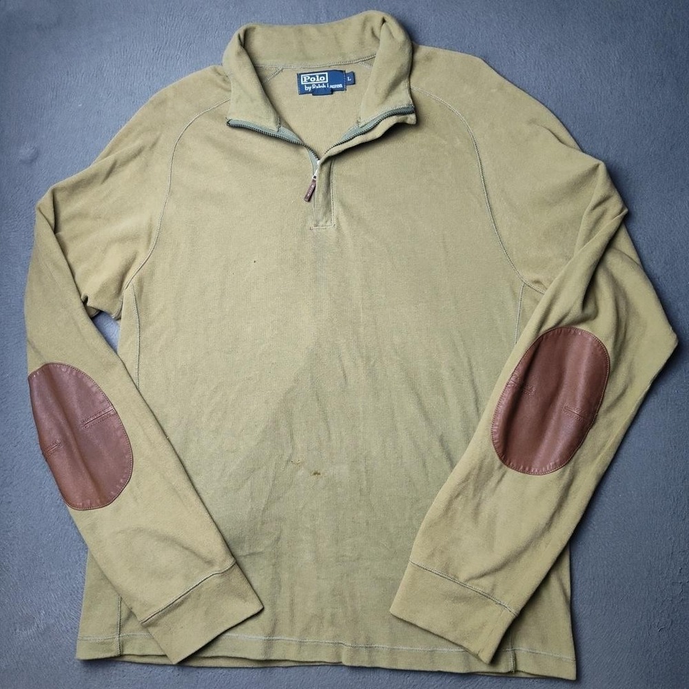 Polo Ralph Lauren Sweater Mens Large Green Quarter Zip Elbow Patches Cotton